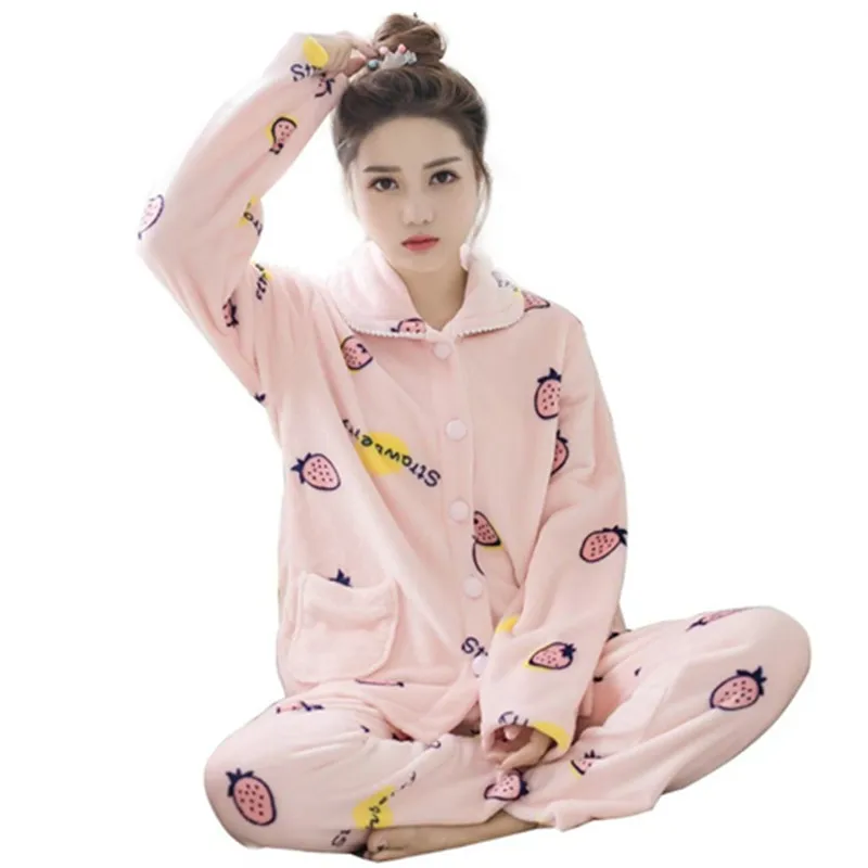 Wholesale Women Printed Keep Warm Flannel Plush Lapel Winter Pajamas set Sleepwear For Female cartoon Casual