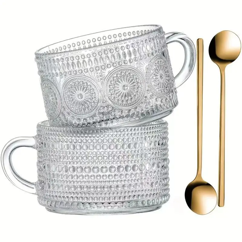 Vintage Glass Coffee Mugs 14 Oz Set of 2 Clear Embossed Tea Cups, Glass Coffee Cups for Cappuccino, Latte, Cereal, Yogurt, Bever