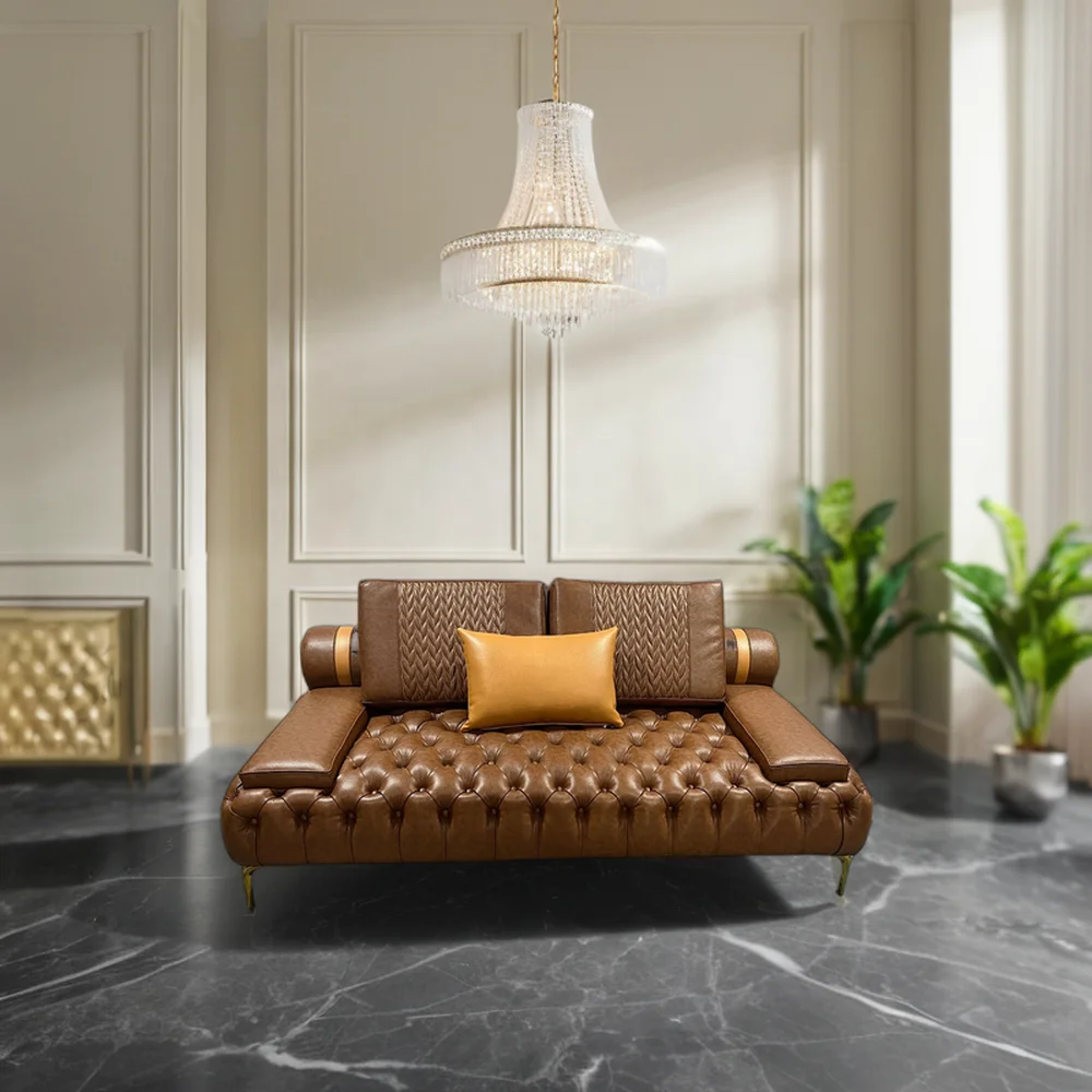 Hotel Lobby Tufted Design Living Room Furniture Buttons Chesterfield 2 Seater Leather Sofa With Golden Metal Legs