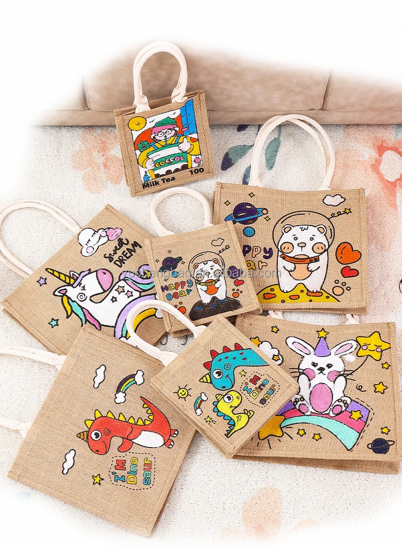 Professional Customizing Women Girls Reusable Shopping Handbag Creative Handle Decoration  DIY Burlap Tote Bags Jute