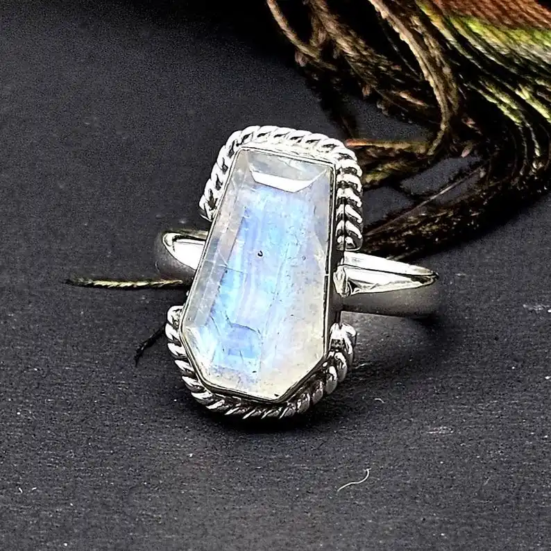 Rainbow Moonstone Coffin Ring 925 Sterling Silver Ring Women Rainbow Moonstone  June Birthstone Ring Coffin Gemstone