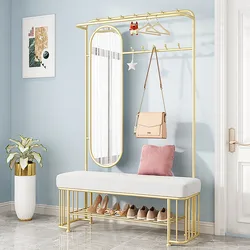 Home Easy Assembly Free Standing Garment Portable Hanger Metal Frame Coat Rack With Shoe Storage Bench