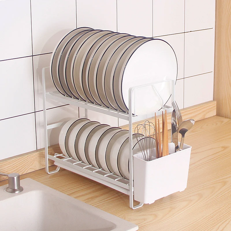 2-tier detachable dish rack storage dish draining rack with plastic plate