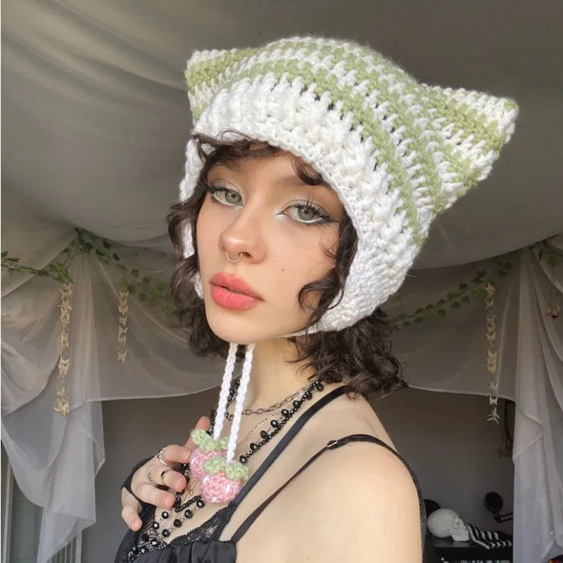 hot influencer lovely party knit bucket hat animal beanie handmade stripe cat ears crochet hat