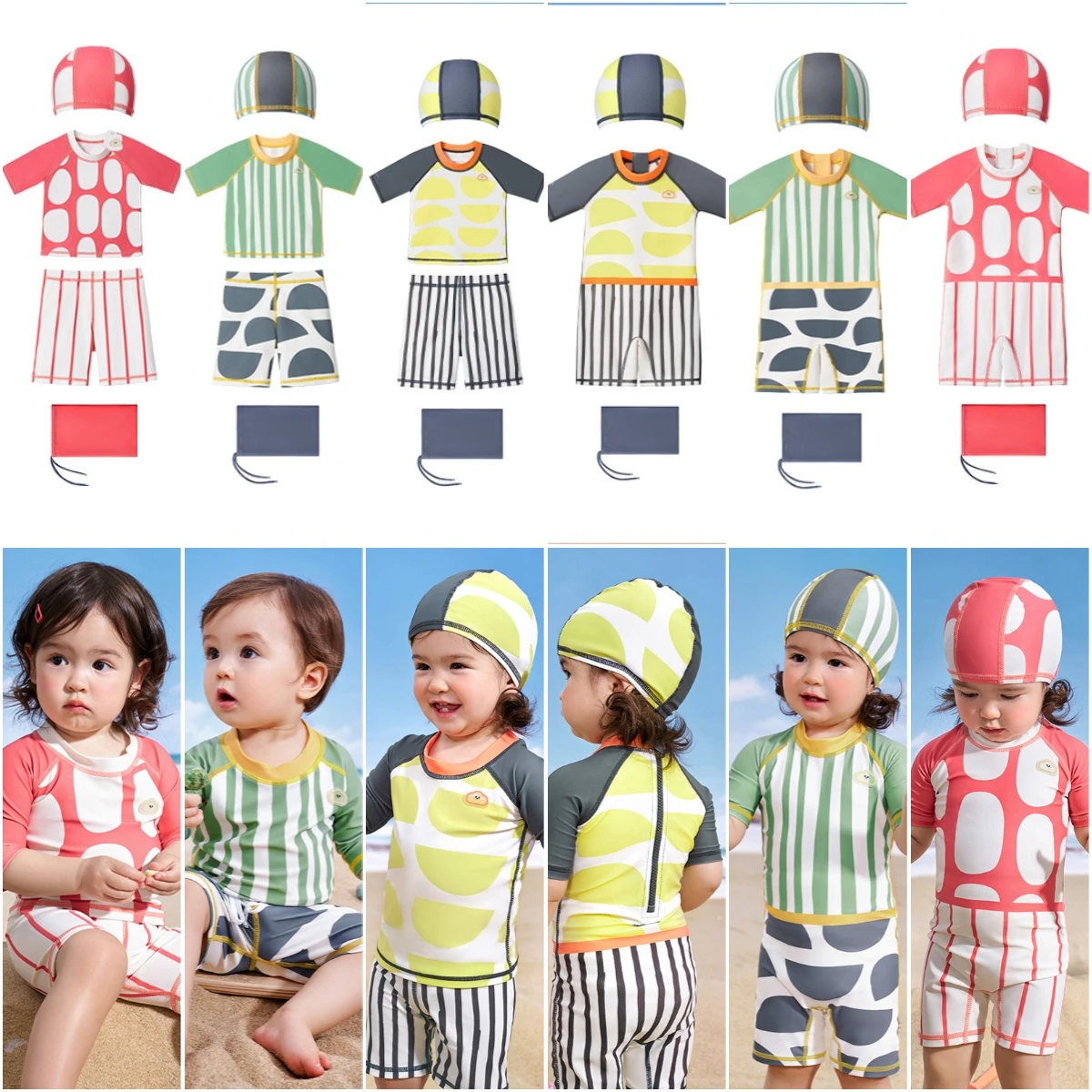 KOCOTREE Brand Kids Cute Baby Short Sleeve Bathing Suits Boy Girl Swimsuit for Children With Storage Bag Free Swimming Cap