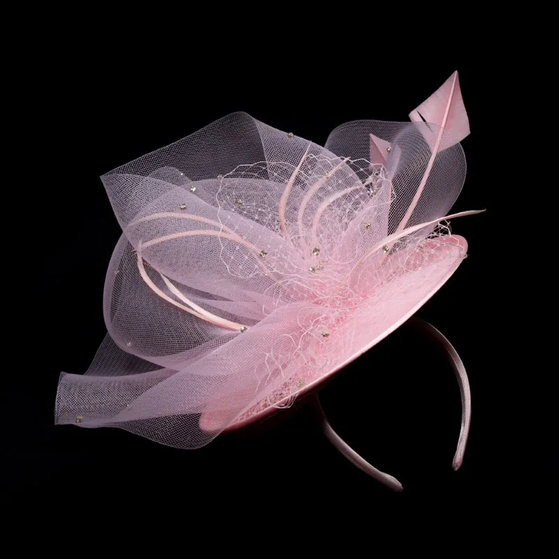 ABPF wholesale custom women church hat romantic pink headflower with mesh and quills fascinators for wedding party derby hat
