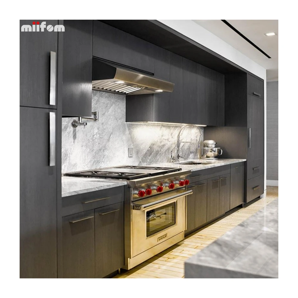 modern industrial style black wood grain floor to celling smart kitchen cabinet with handles
