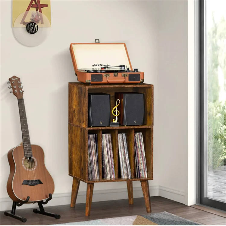 Brown Turntable Stand Holds Mid-Century Vinyl Storage Cabinet Table with Solid Wood Legs