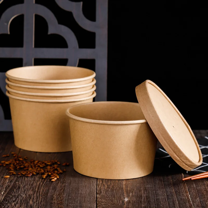 Eco disposable friendly 32oz kraft paper soup cup bowl popcorn buckets with lid