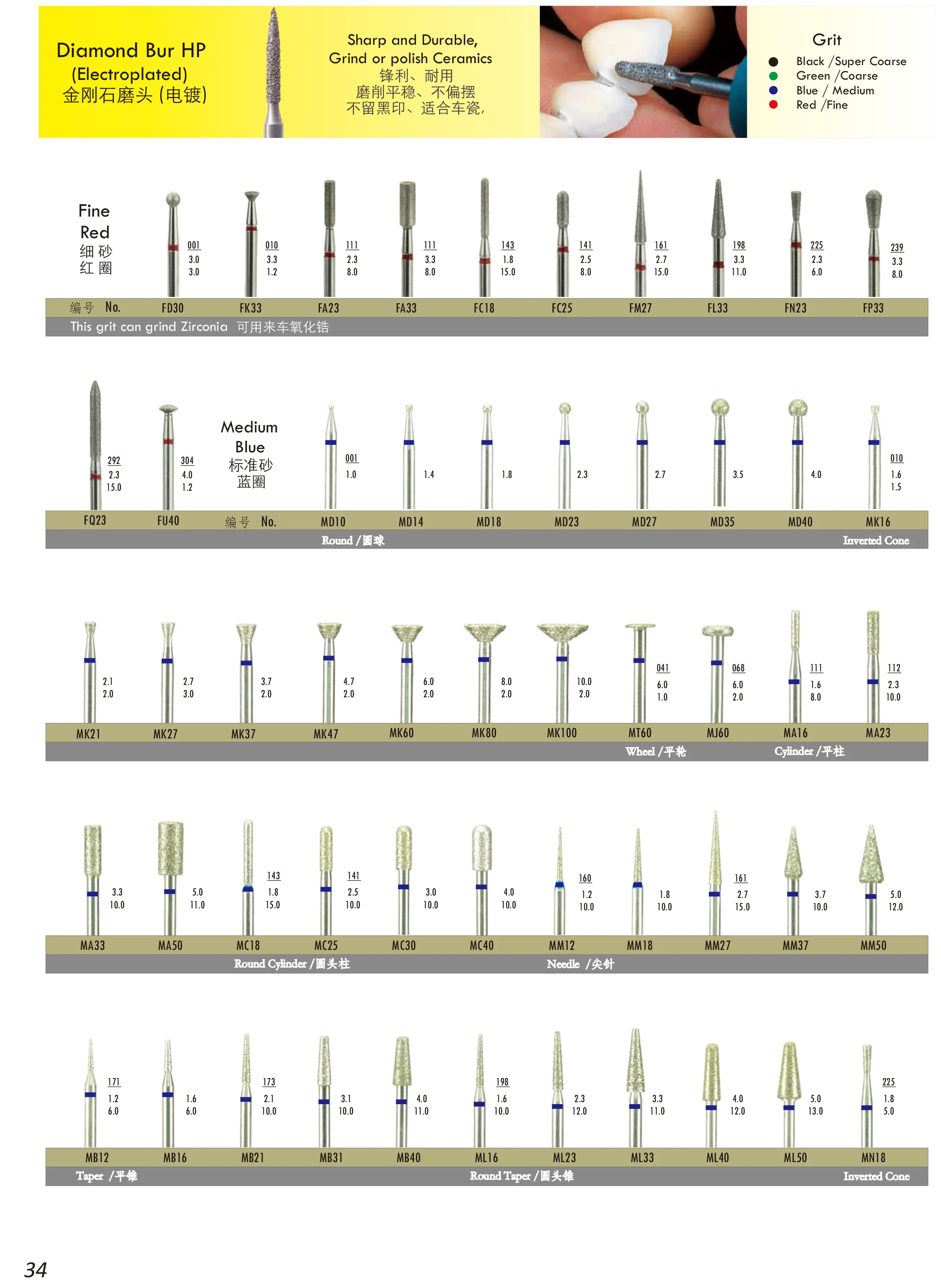 Dental Diamond Bur HP Electroplated Dental Drill Bit for Dental Lab HP Diamond Burs