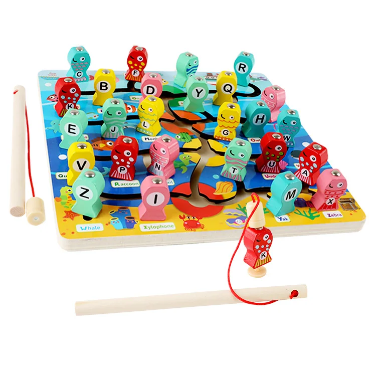 Montessori Educational Puzzle Wooden Magnetic Fishing Toy Game Educational Toys
