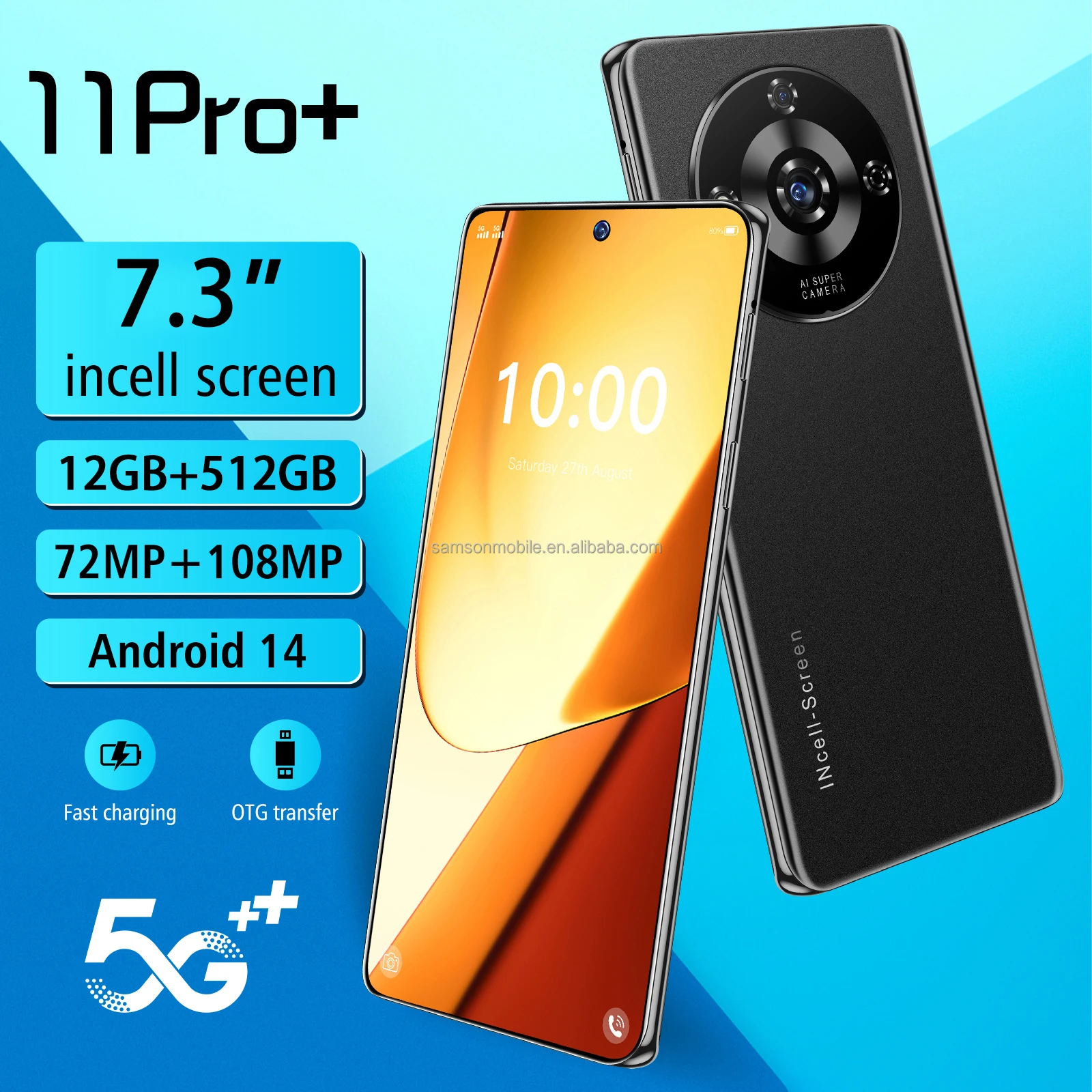 New design Cross-Border 11 Pro+ Android 8-Core 12+512G Mobile Phone 7.3 Inch 108MP HD Large Screen  5G smartphone