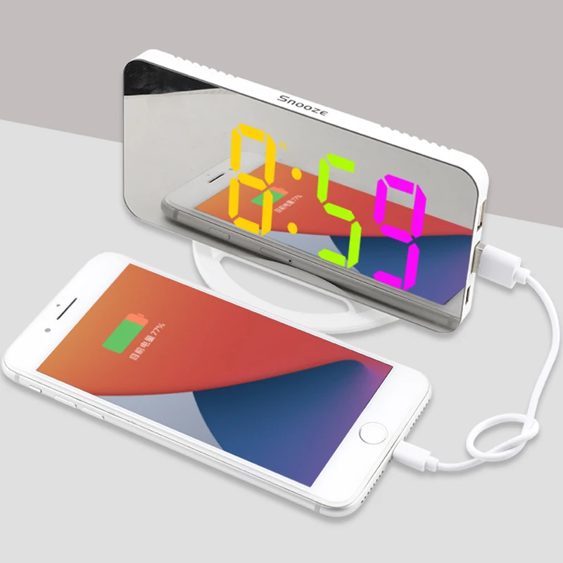 Цифровые часы с большим дисплеем цветной шрифт RGB двумя портами USB зарядка дорожный светодиодный зеркальный будильник для кровати