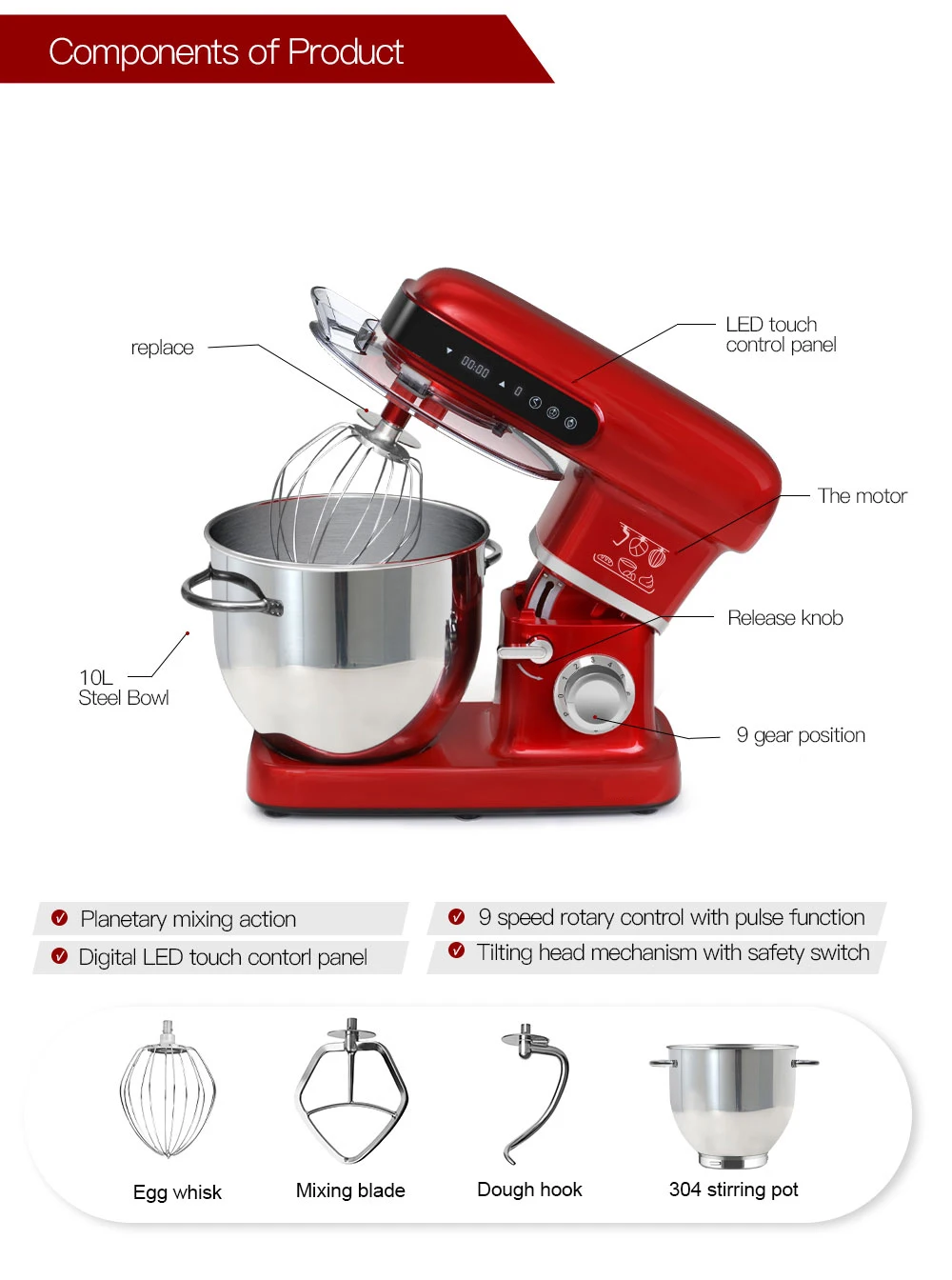 Household 2200W 10L Stand Mixer kitchen machine High power capacity  Cake Bread Dough Mixer Planetary  Food Mixer