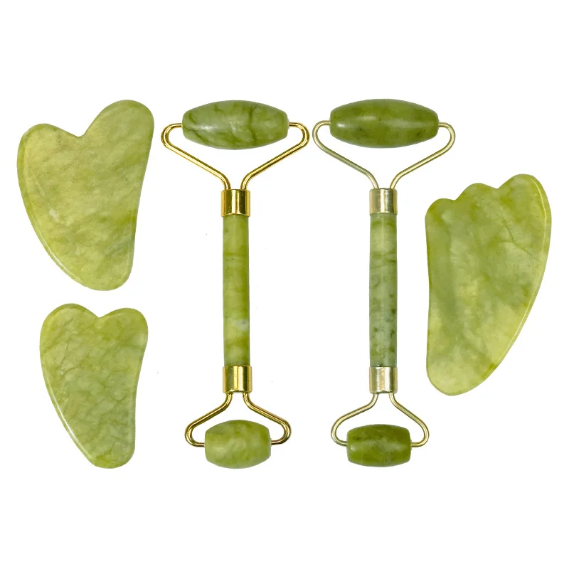 Anti wrinkles beautiful natural green stone facial body massager gua sha and jade roller with packaging box