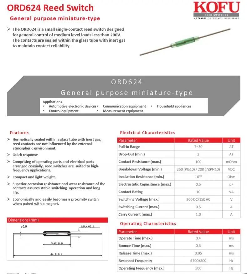 KOFU Brand Glass Reed Switch ORD624/ORD324,1000pcs/Box