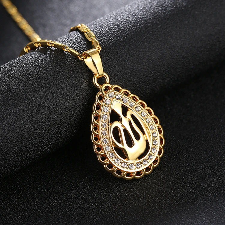 NK-200504 Teardrop Allah Islam Religious Totem Pedant Jewelry Rhinestone Inlay Hollow Muslim Prayer Necklace for Wholesale