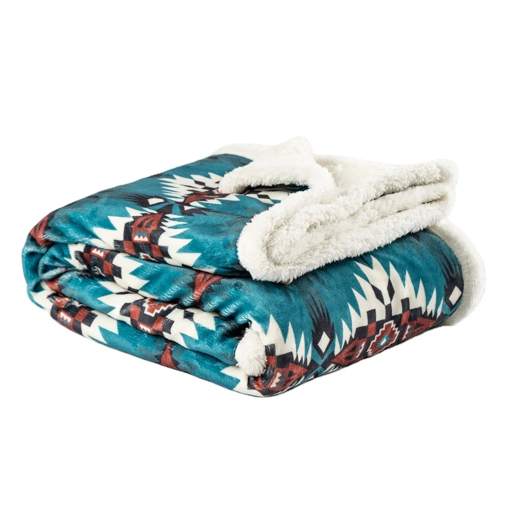 Flannel Blanket Blue Stripe Pattern Soft Reversible Sherpa Fleece Throw Blanket Luxury Microfiber Aztec Flannel Throw Blanket