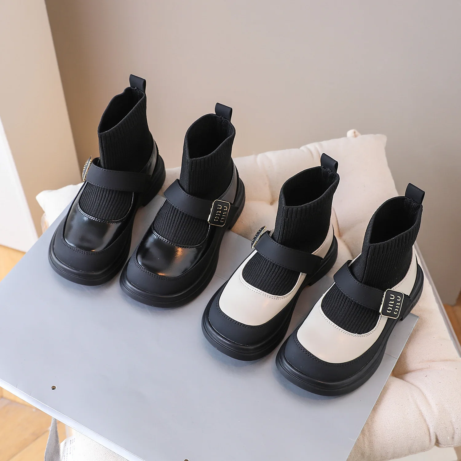 Girls Princess Dress School Uniform Booties Shoes Toddler Kid Youth Stretch Knit Hook Loop Boot Children Ankle Short Sock Boots