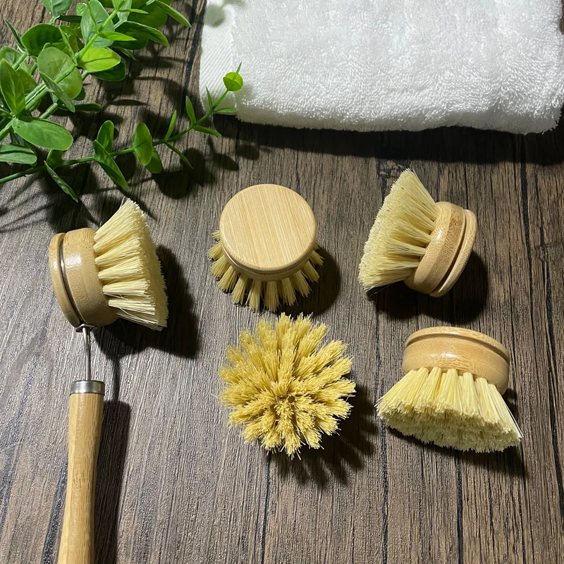 5PCS Long Handel Bamboo Dish Pot Plate Cleaning Brush Detachable with Replaceable Heads Kitchen Dish Pot Scrubber