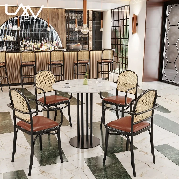 March Expo 2021 Hot Sale Luxury Dining Room Set Restaurant Furniture Marble Dinning Table Set Rattan Chair and Table
