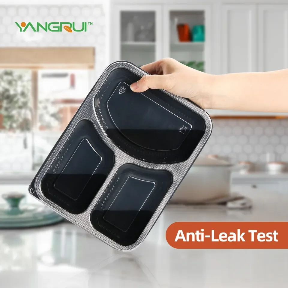 Microwaveable Clear Plastic Black Microwave Safe For Takeout Lunch Boxes 3 Compartment Food Storage To Go Containers