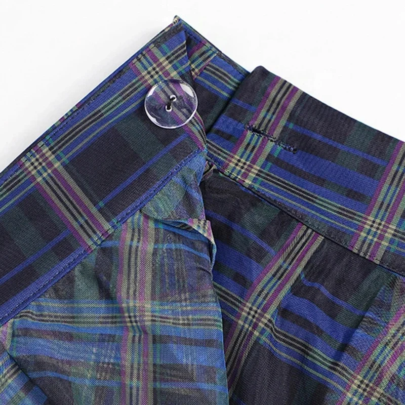 TWOTWINSTYLE Vintage Plaid Hit Color Ruched Irregular  Patchwork Mesh Female Skirt