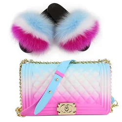 Wholesale Real Fur Slides And Matching Purse Set Rainbow Color Fox Fur Slides Slippers And Cross-body Jelly Bag Set