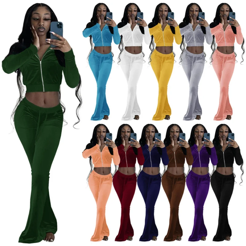 Autumn Sweatsuit Women Velvet Outfits Fall Long Sleeve Crop Top Sweat Pant Sets Winter Velour Tracksuit 2 piece set