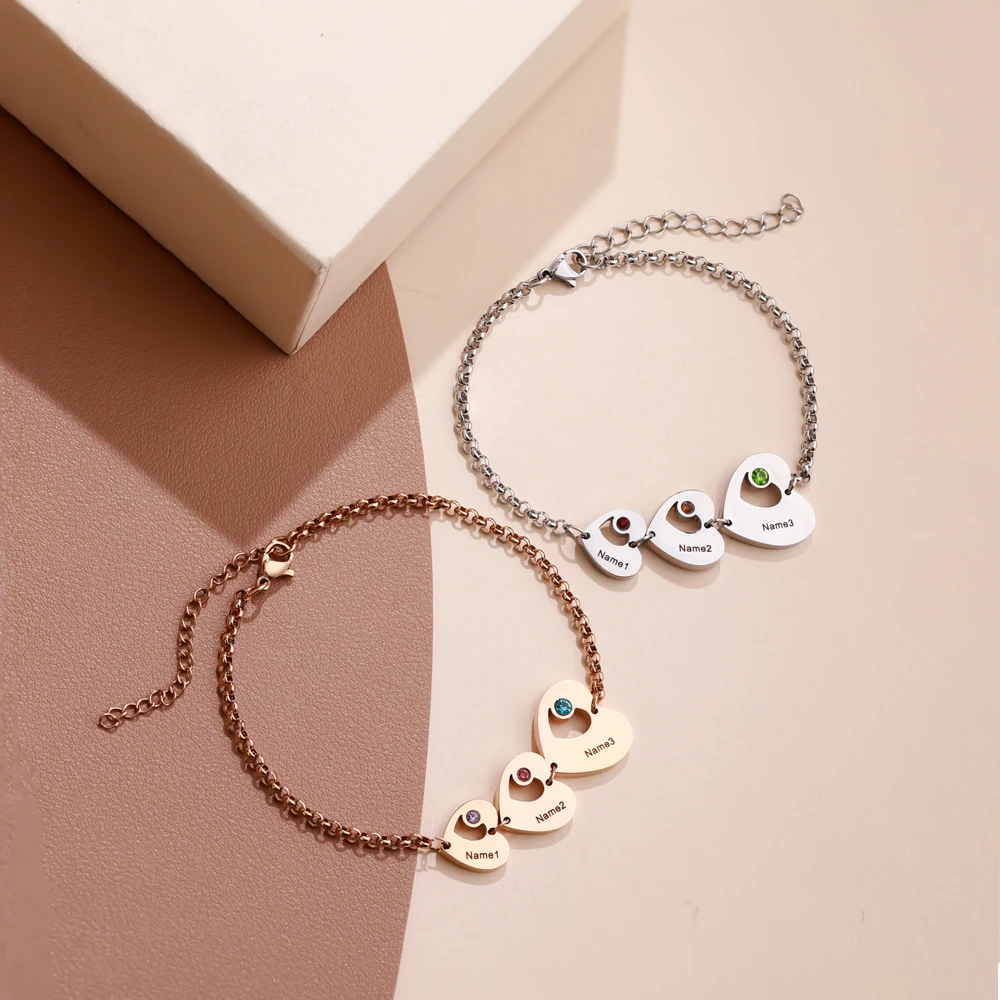 Personalized Jewelry Dainty 3 Hollow Heart Shape Charm Bracelet Name Engravable Heart Charm Connected Bangle