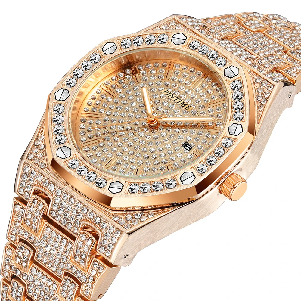 Big Gold Luxury Brand Diamond Mens Watches Top Brand Luxury Iced Out Male Quartz Watch Calendar Hip Hop Watch For Men