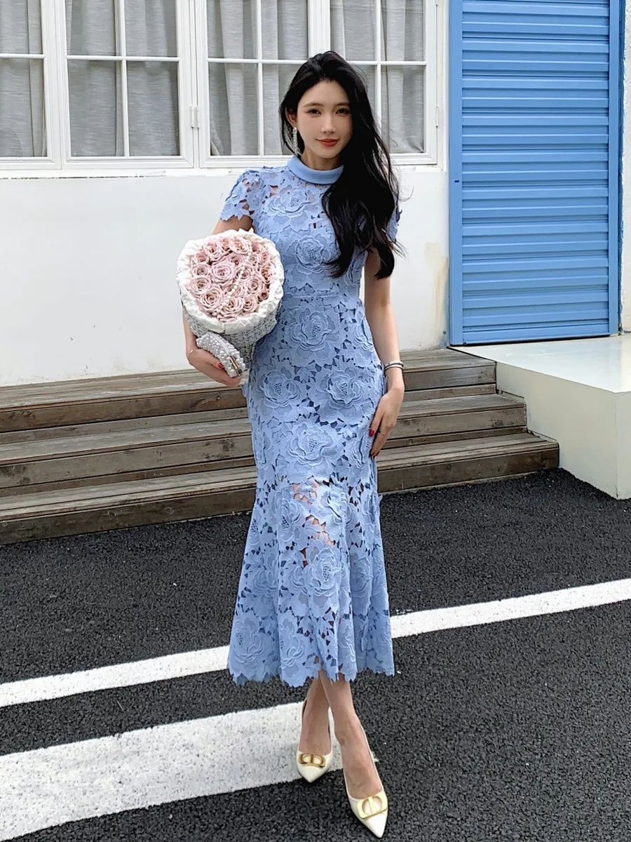 Fashion luxury Winter 2024 hot sales new 3D lace long blue women dress sexy hollow out slim party elegant evening dress