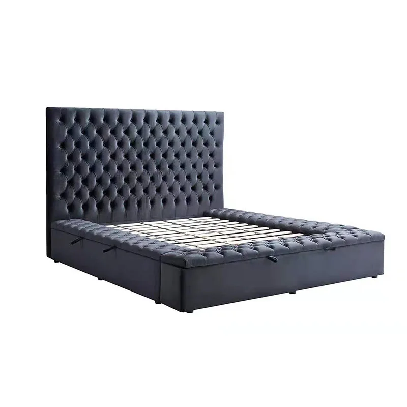 Pinzhi home modern tall tufted storage platform Queen King size velvet beds cama lit foshan furniture bed frame set