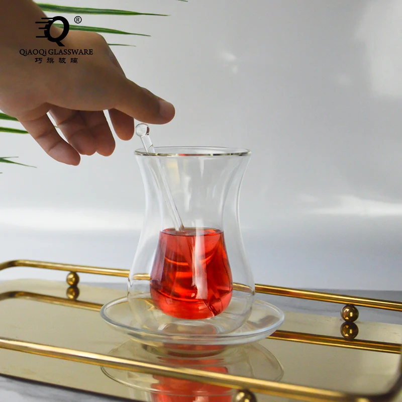 Wholesale Handmade double-layer glass Turkish black tea cup home coffee cup set glass spoon stirring tea cup