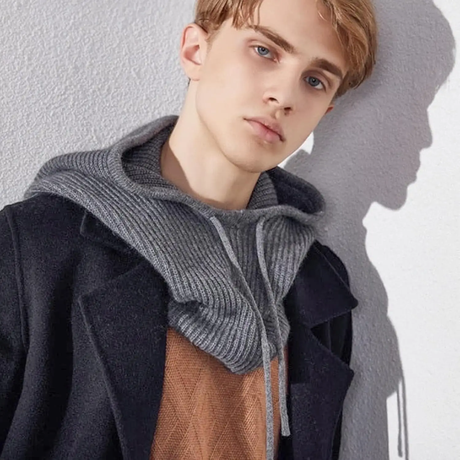 Winter Warm Hooded Scarf Hat Skull Cap Balaclava Knit Beanie Hat with Adjustable Drawstring