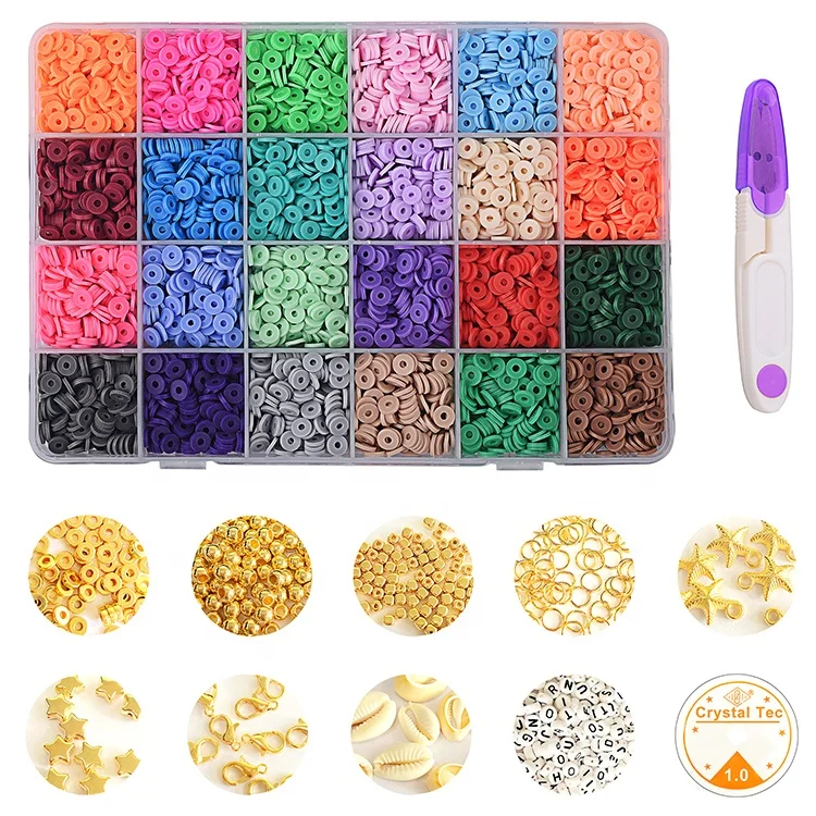 Clay Beads for Bracelet Making, 24 Colors Flat Round Polymer Clay Beads 6mm Spacer Heishi Beads with Pendant Charms Kit