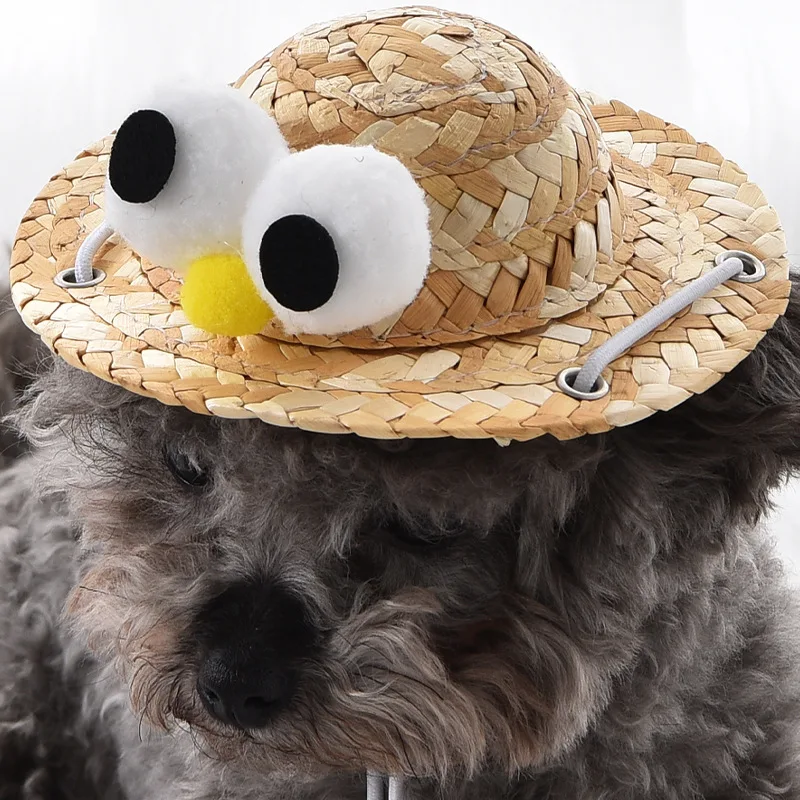 Dog Bucket Hat for Pet Protective Cats Hat Handwoven Straw Cap with Bamboo-Dragonfly for Small Pet Female Costume Accessories