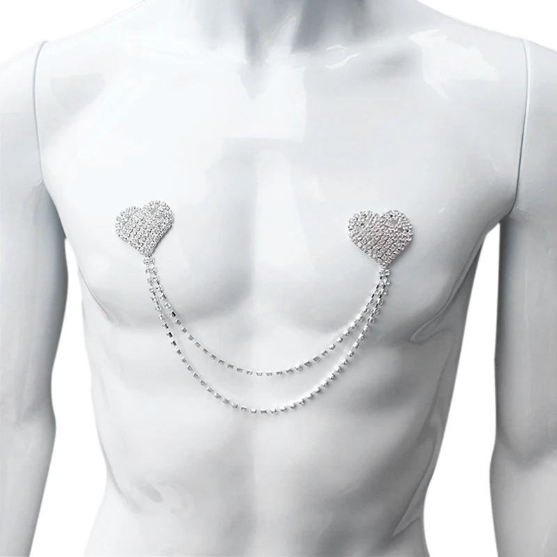 Rhinestone Glitter Love Heart Chest Stickers Necklace Rhinestone Chain Chest Nipple Cover Sexy