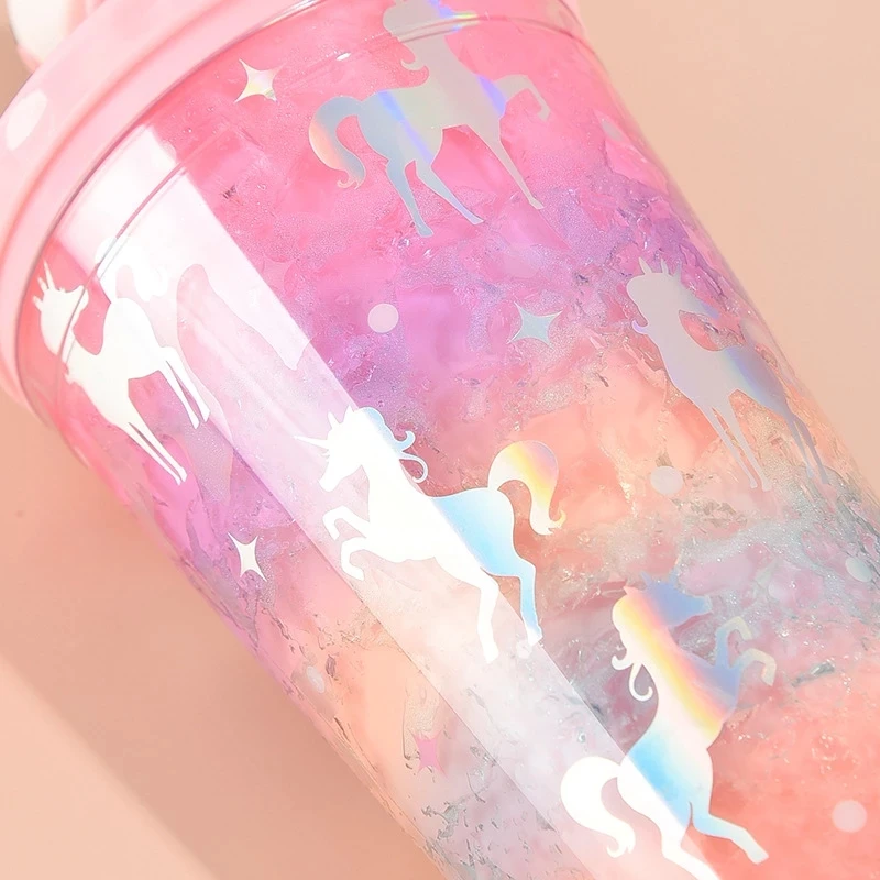 Double Wall  Plastic Water Tumbler With Lid Summer Cute Unicorn Water Bottle With Straw