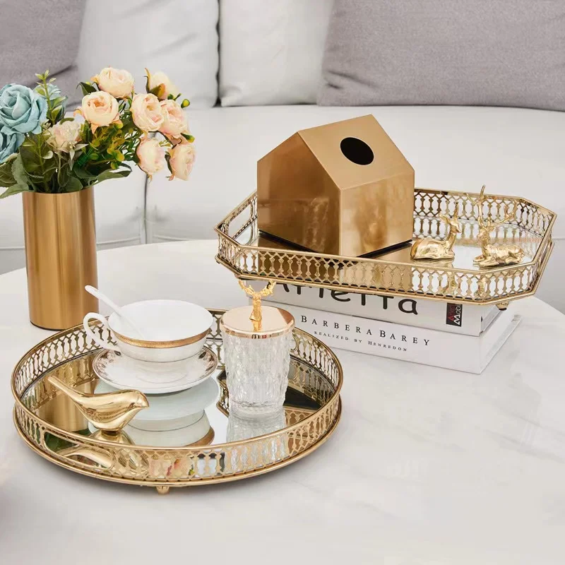 Luxury gold metal interior household home decor accessories artifacts modern desk ornaments rectangle food tea serving tray