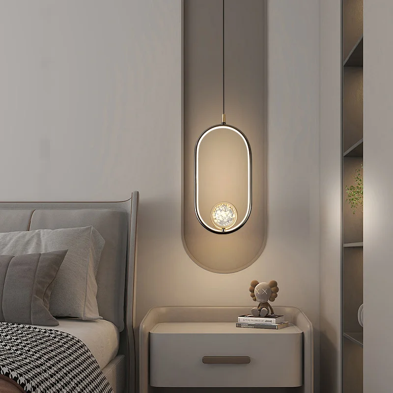 Modern Nordic style linear suspended ceiling circular metal bedroom bedside single head hanging pendant light