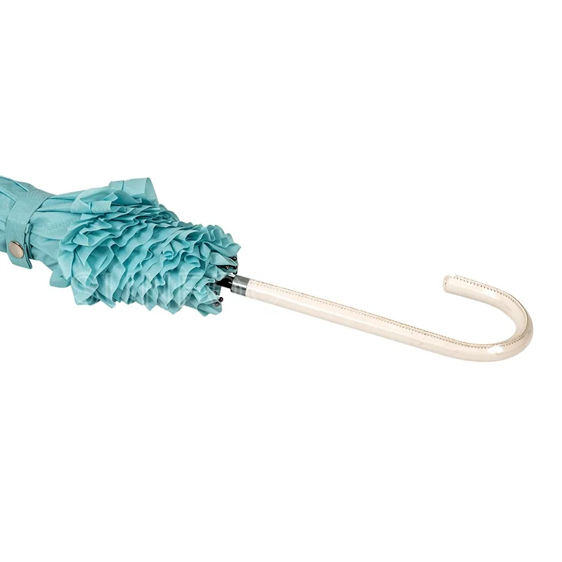 Light Blue Plain Color Ladies Frills Ruffle Fashion Lace Straight Umbrella with J Hook Handle