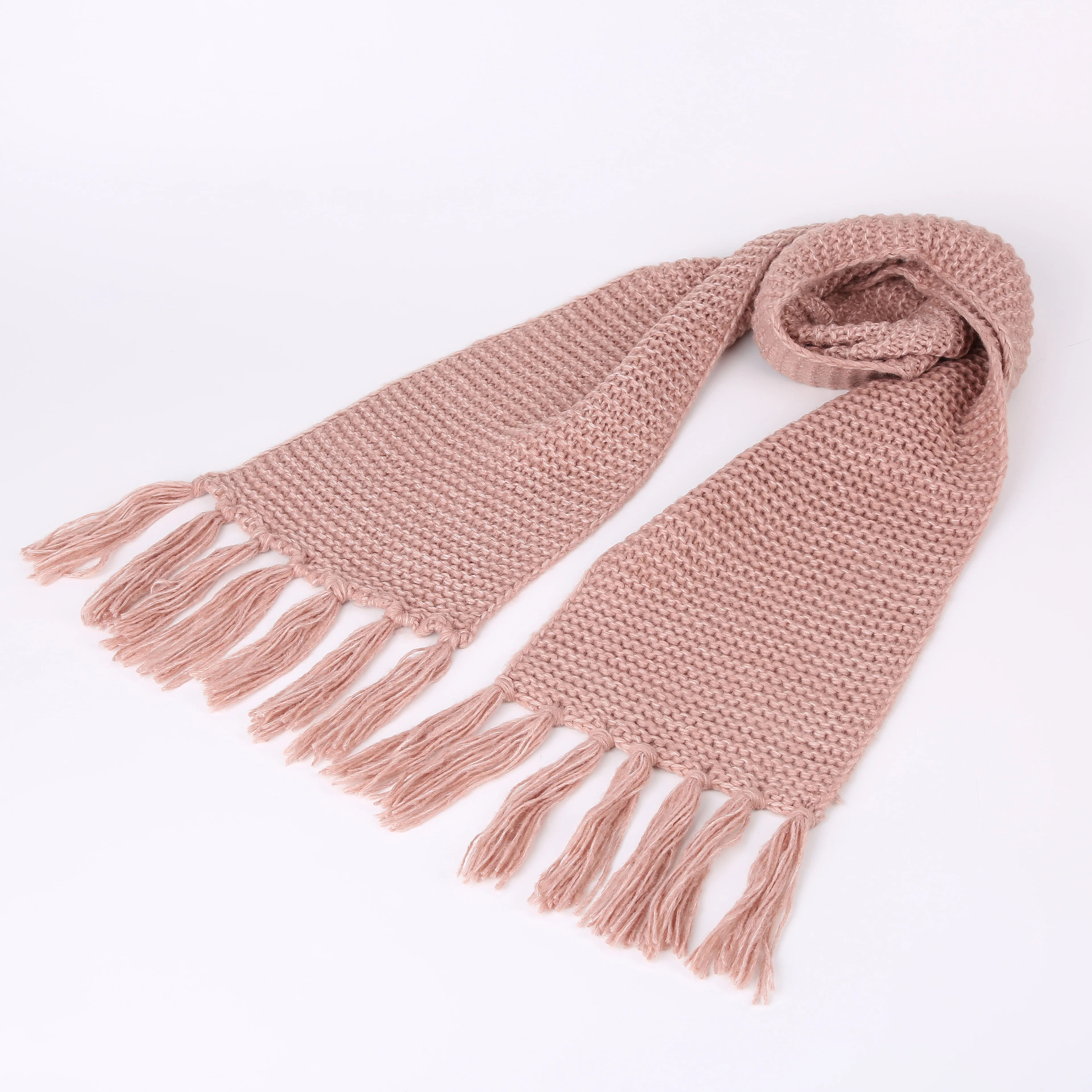 Free Sample Custom Winter Scarf With Tassels Warm Luxury Knitted Beautiful Fitted Pink Color Wool Ladies Scarves Factory