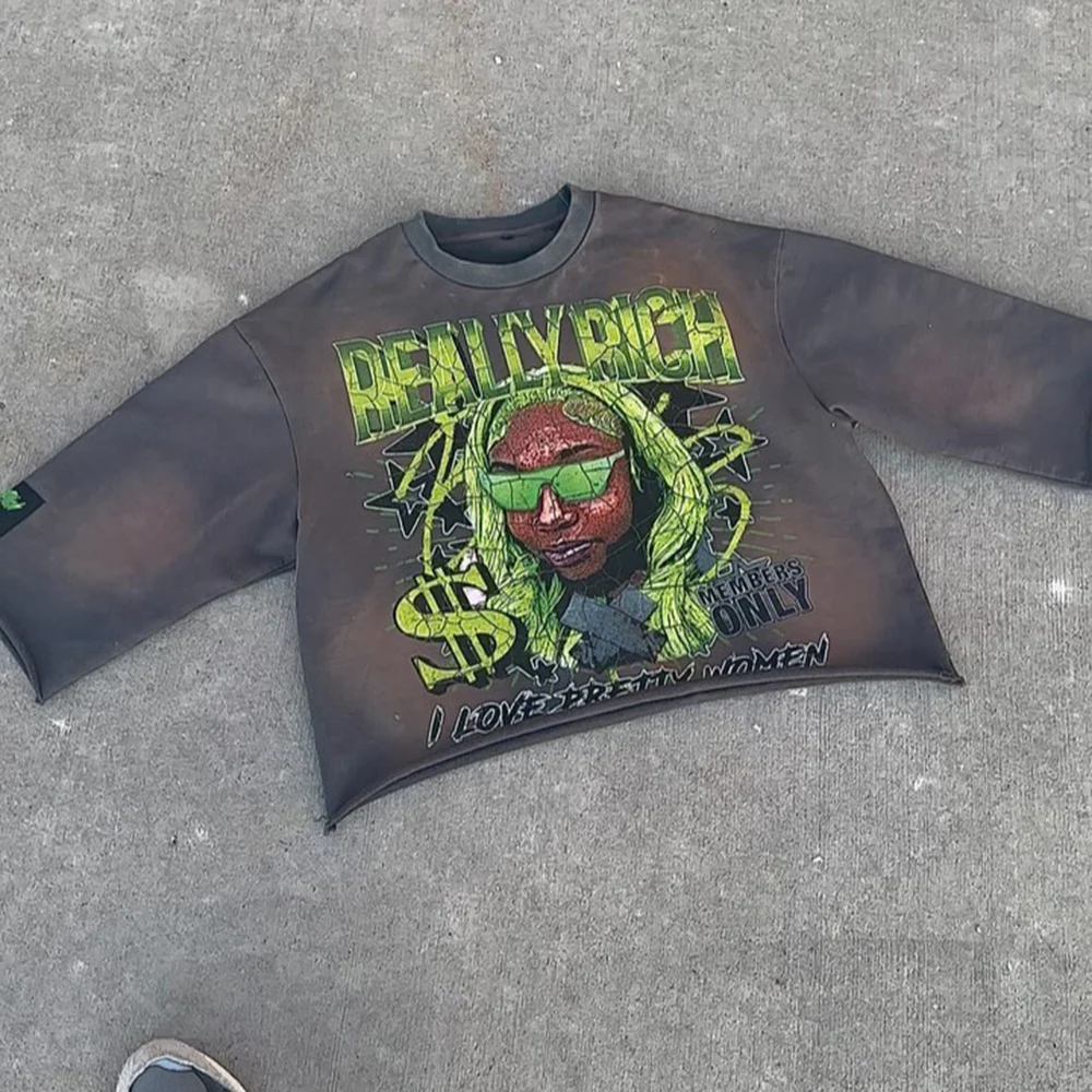 Unisex Street Style Digital Printing T Shirt No Hem Streetwear Terry Round Neck Custom Acid Wash T-shirt For Men High Quality