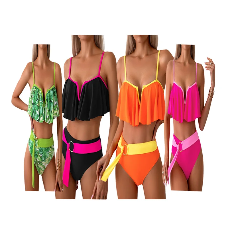Manufacturer Custom Logo Women 2024 Plus Size  Beautiful  Desirable Solid Color Ribbed  Belt Decoration High Waist Swimsuit