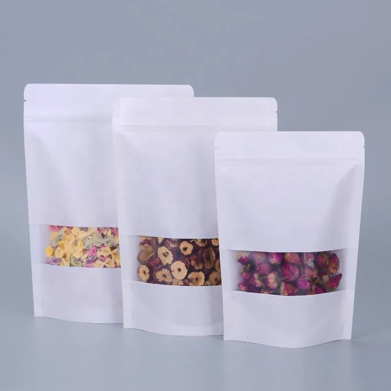 Ziplock White Kraft Craft Paper Standing Up Pouches Food Packaging Zipper kraft paper Bags With Window
