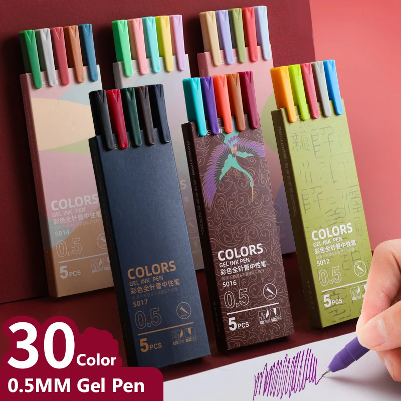 5pcs/set Retro Dark Colored Gel Pens 0.5mm Fine Point Dark-red/green/brown/blue Black Pens