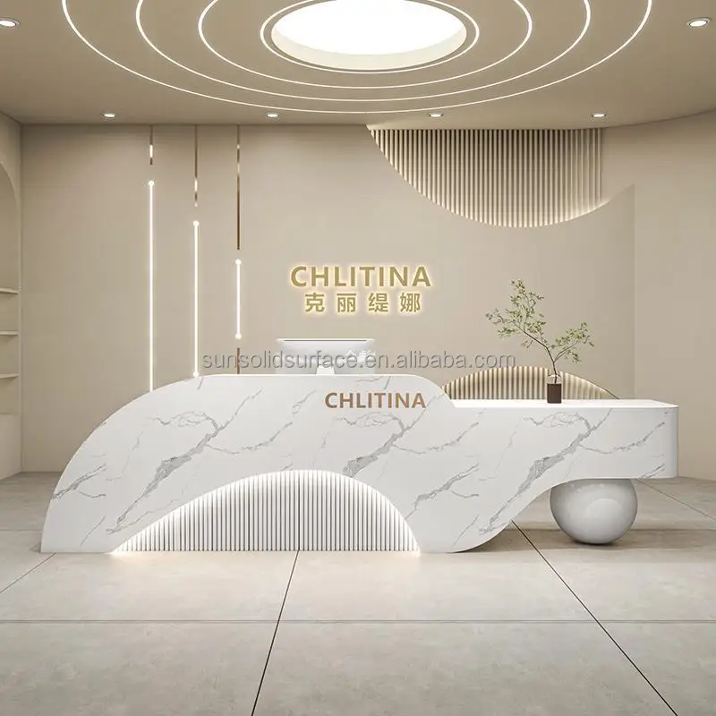 luxury implicity Salon wood Furniture White small reception table counter Hotel office front desks beauty salon reception desk