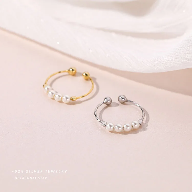 G2771 Wholesale alliance S925 Sterling Silver Spinner Stacking Beads Ring Charm Adjustable Shell Pearl Fidget Rings for Anxiety