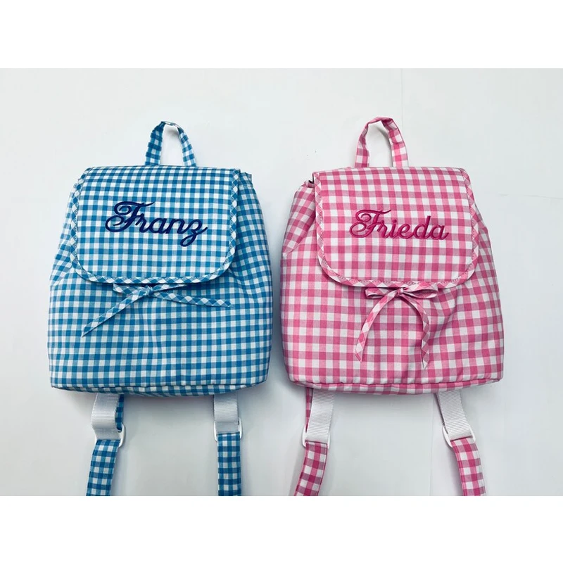 Personalized Teddy Backpack Embroidered Gingham backpack custom cute canvas backpack
